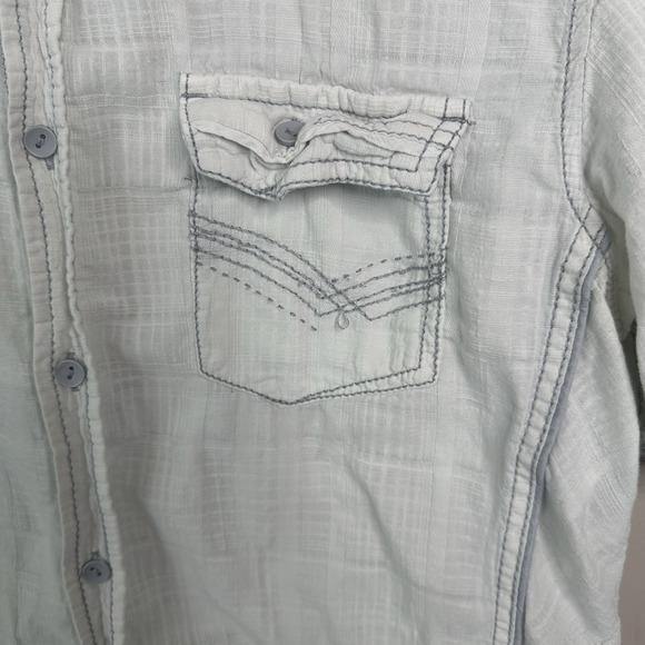 Rustic Blue Shirt Mens L White Button Up Embroidered Cotton Linen - Picture 4 of 11